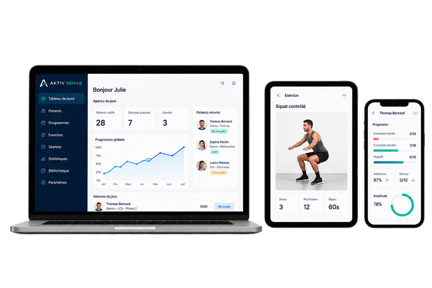 Interface AKTIV REHAB sur ordinateur, tablette et mobile