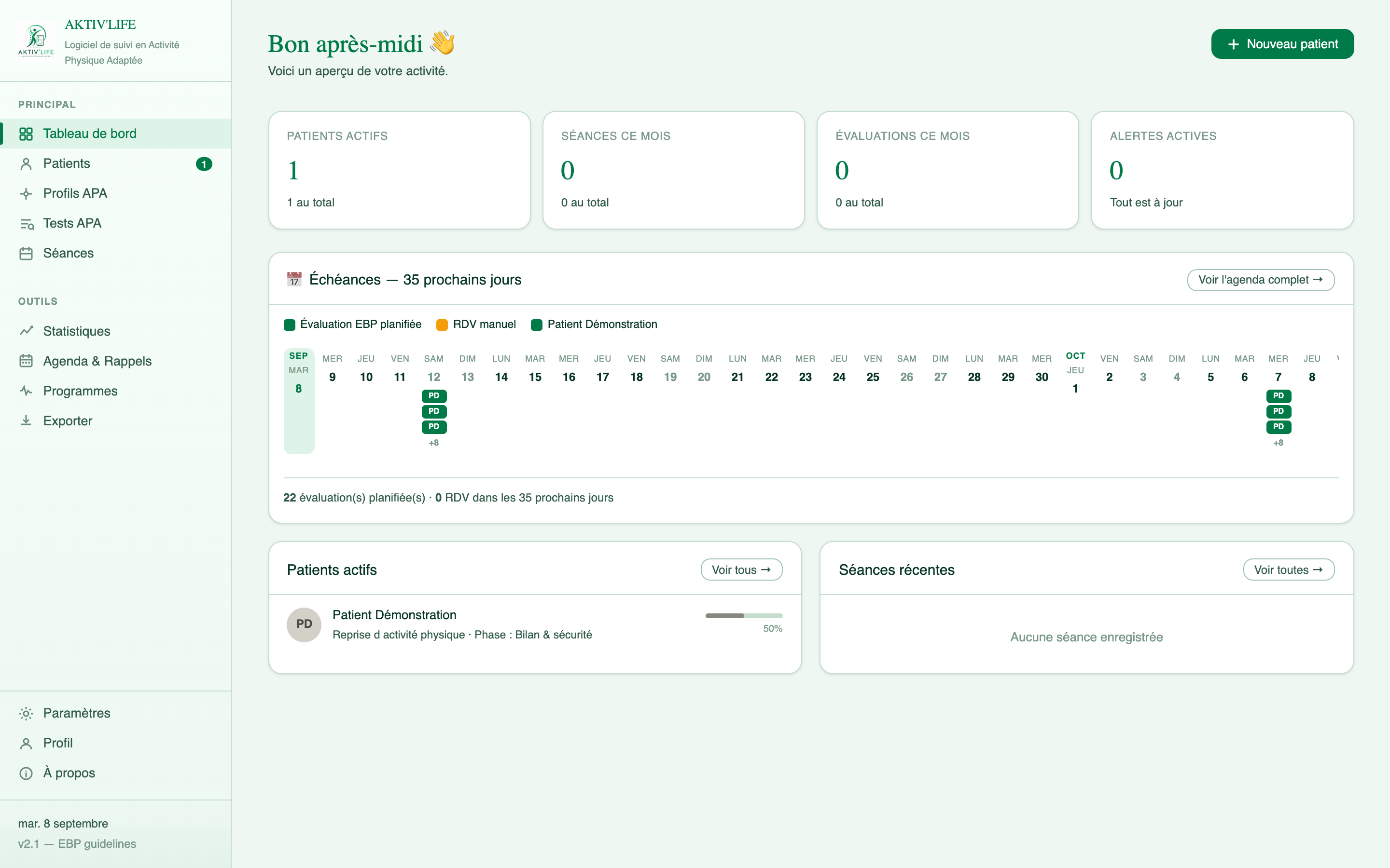 AKTIV LIFE : Tableau de bord. Vue de démonstration sans données patients.